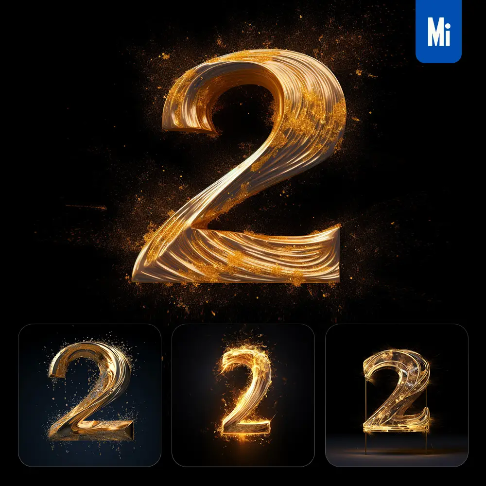 midjourney prompt 2 number golden sparkling lighting material 3D