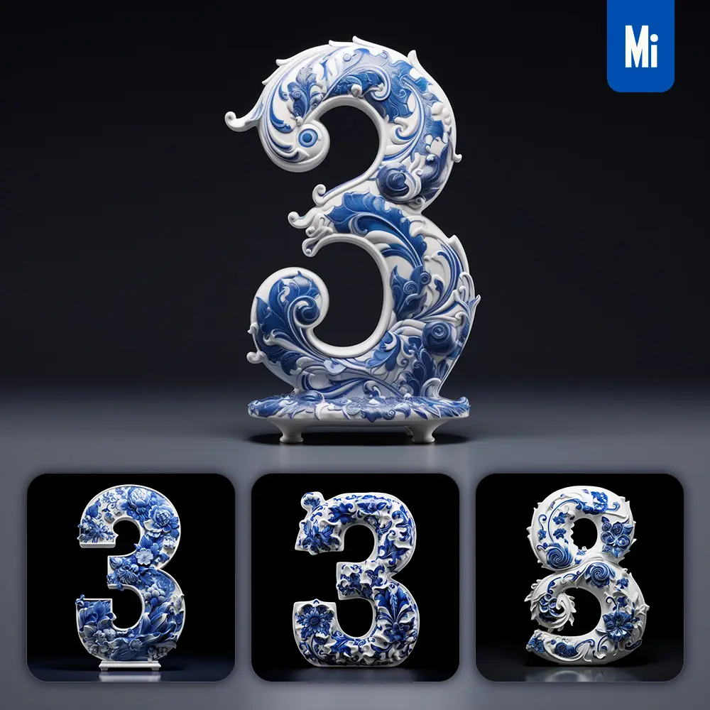 midjourney prompt 3 number porcelain blue Chinese China pattern 3D