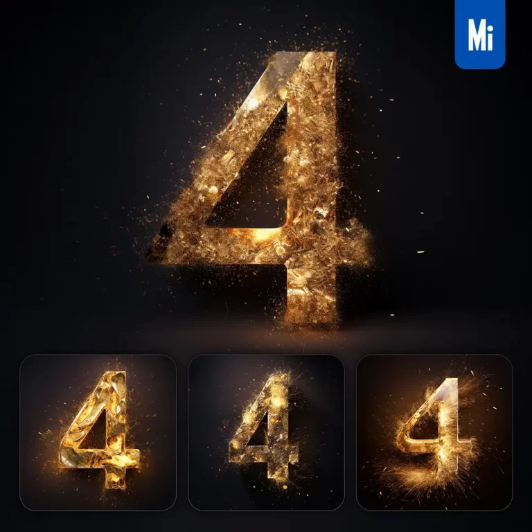 midjourney prompt 4 number golden sparkling lighting material 3D