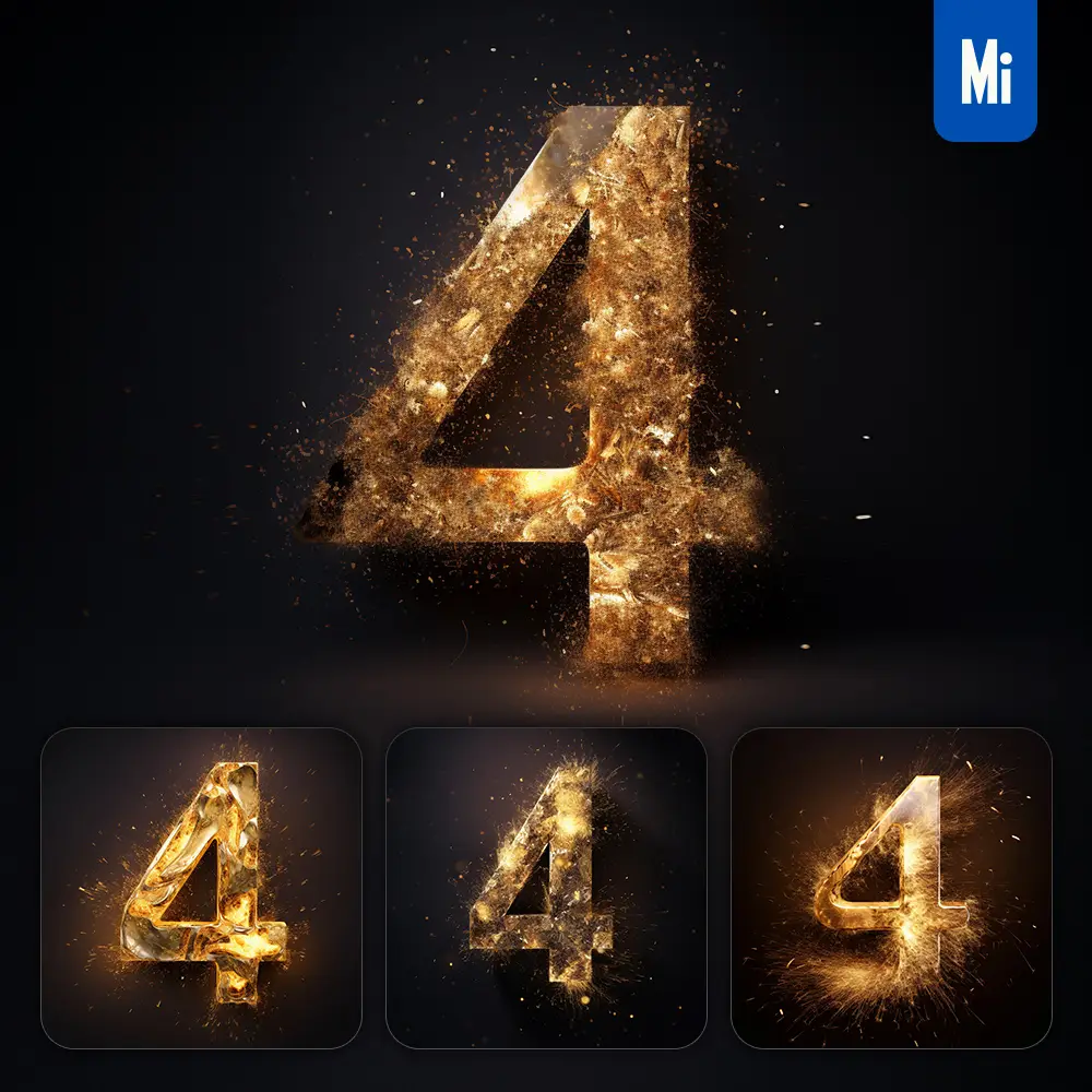 Midjourney Prompt 4 Number Golden Sparkling Lighting Material 3d