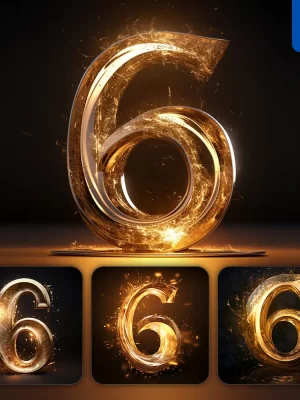 Midjourney Prompt 6 Number Golden Sparkling Lighting Material 3d