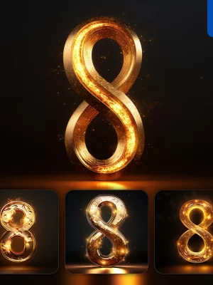 Midjourney Prompt 8 Number Golden Sparkling Lighting Material 3d