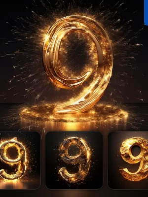 Midjourney Prompt 9 Number Golden Sparkling Lighting Material 3d