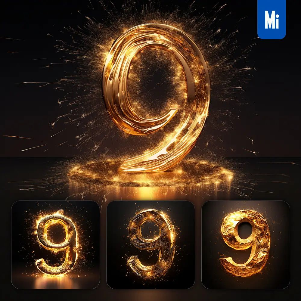 Midjourney Prompt 9 Number Golden Sparkling Lighting Material 3d