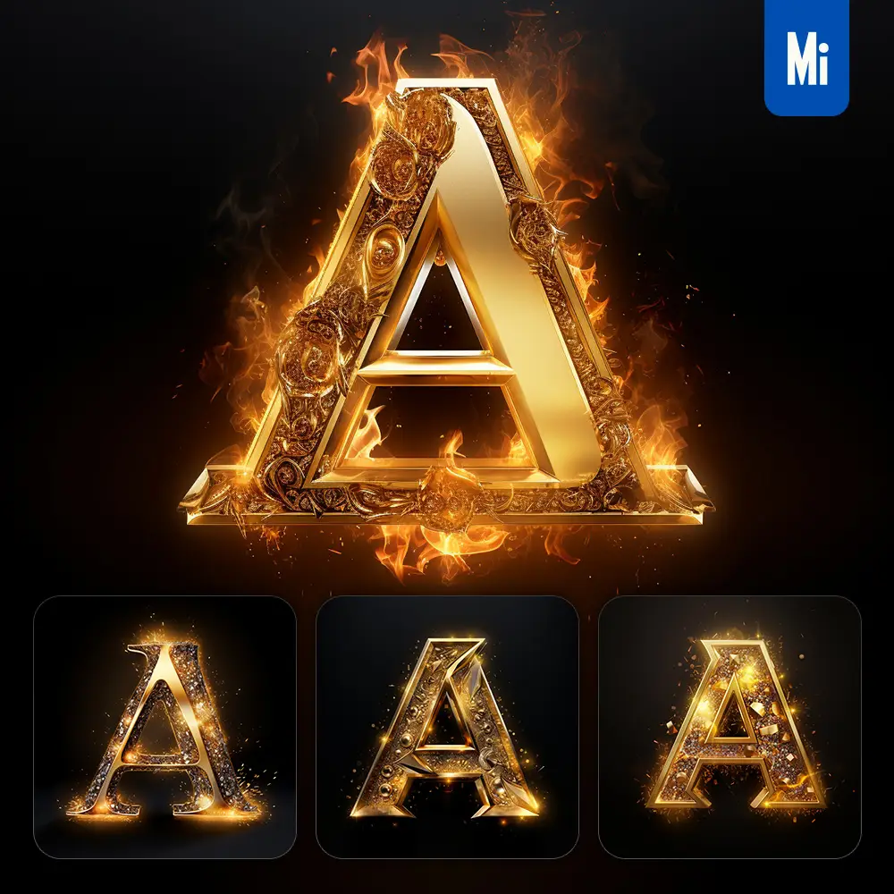 midjourney prompt A letter golden sparkling lighting material 3D