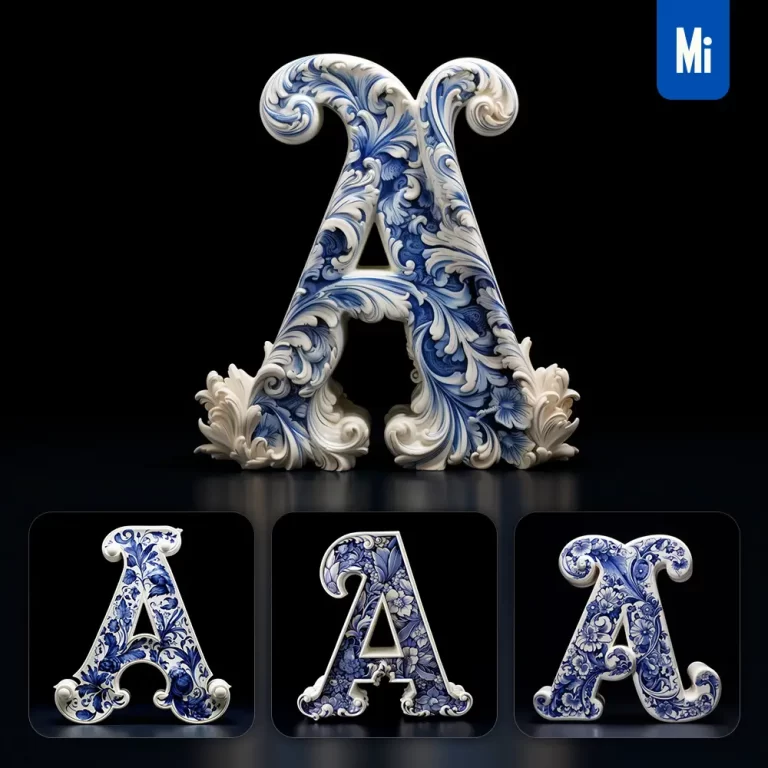 midjourney prompt A letter porcelain blue Chinese China pattern 3D