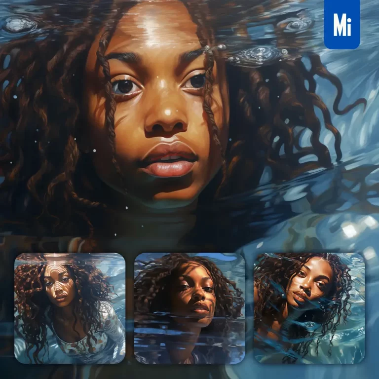 midjourney prompt African woman girl diving swimming underwater sea face oil painting