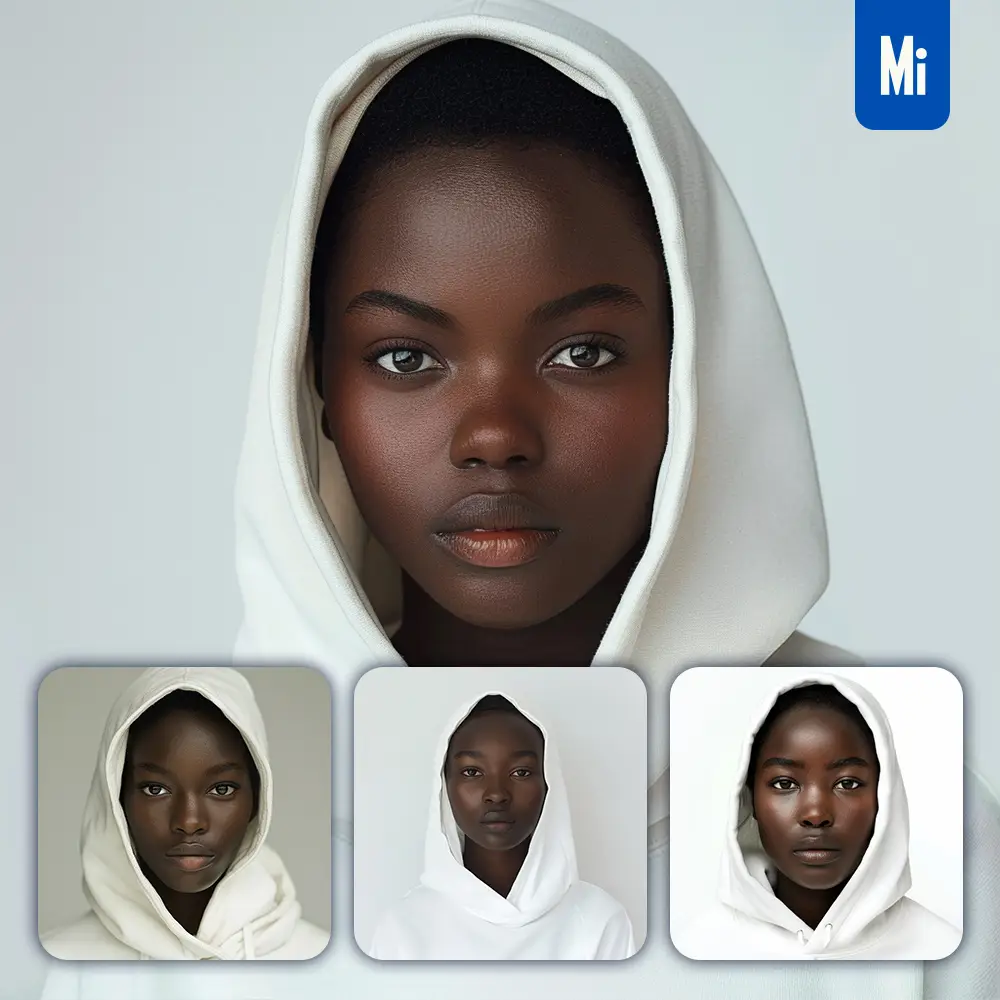 Midjourney Prompt African Woman Girl Lady White Hoodie Portrait Photography