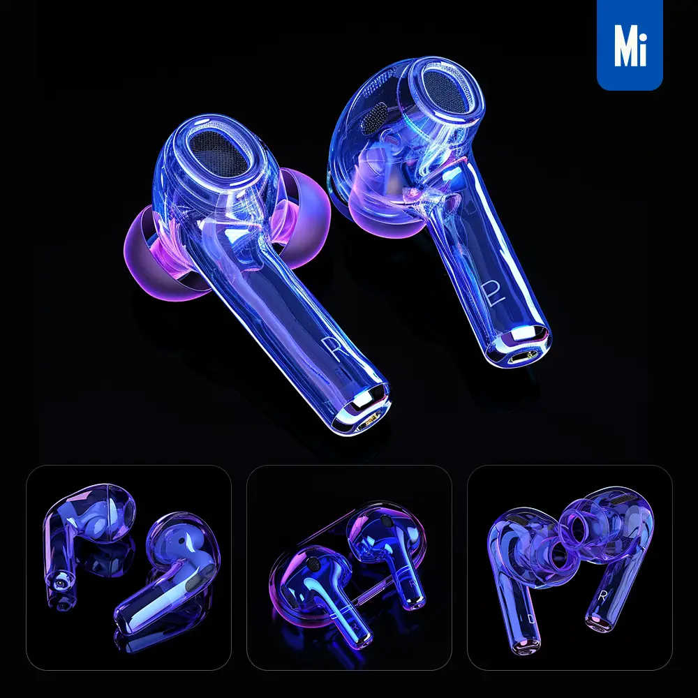 midjourney prompt AirPods earphone 3D blue transparent structure