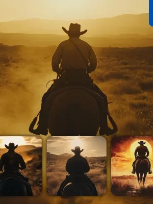 Midjourney Prompt American Cowboy Back Sunset Western Desert Silhouette