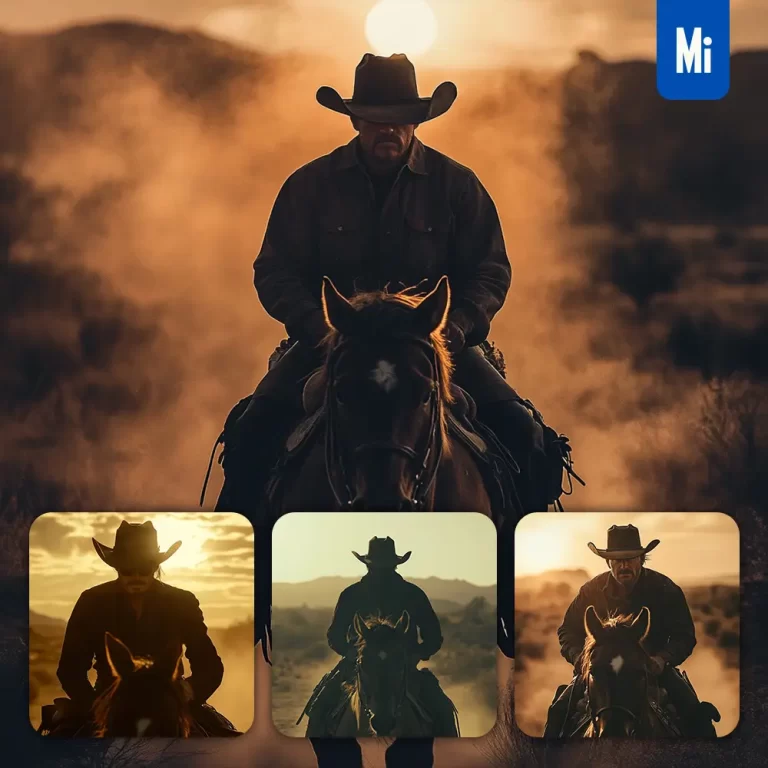 midjourney prompt American cowboy front sunset western desert silhouette