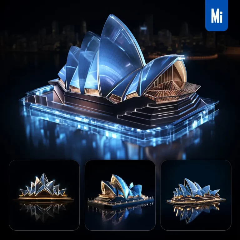 midjourney prompt Australian Sydney Opera House glass crystal 3D transparent