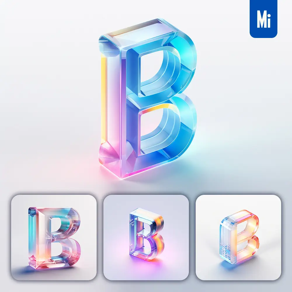 midjourney prompt B 3D letter glass C4D transparent crystal