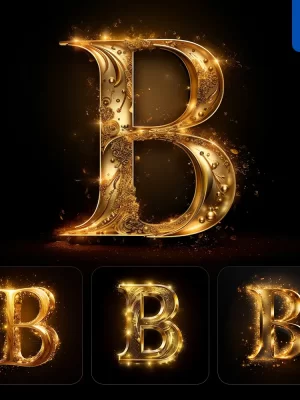 Midjourney Prompt B Letter Golden Sparkling Lighting Material 3d