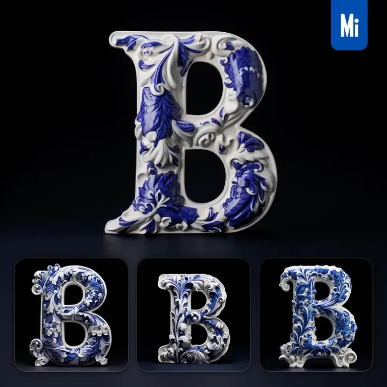 midjourney prompt B letter porcelain blue Chinese China pattern 3D