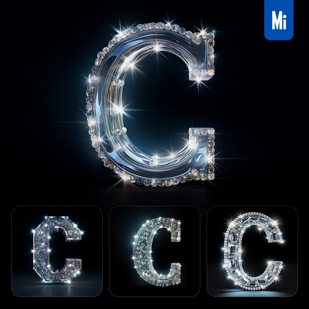 midjourney prompt C letter glass crystal 3D transparent
