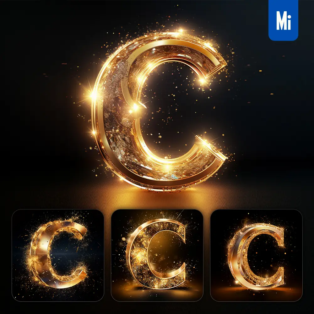 midjourney prompt C letter golden sparkling lighting material 3D