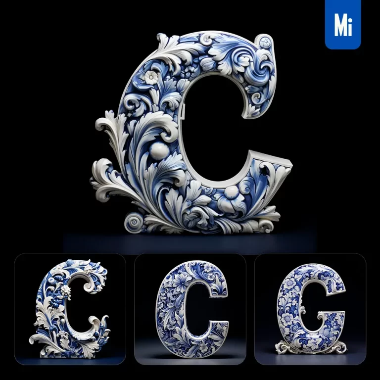 midjourney prompt C letter porcelain blue Chinese China pattern 3D
