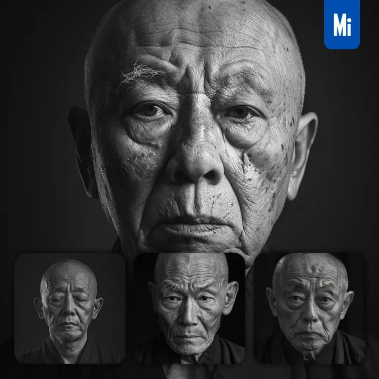 midjourney prompt Chinese Japanese monk man male face head portrait black and white photography
