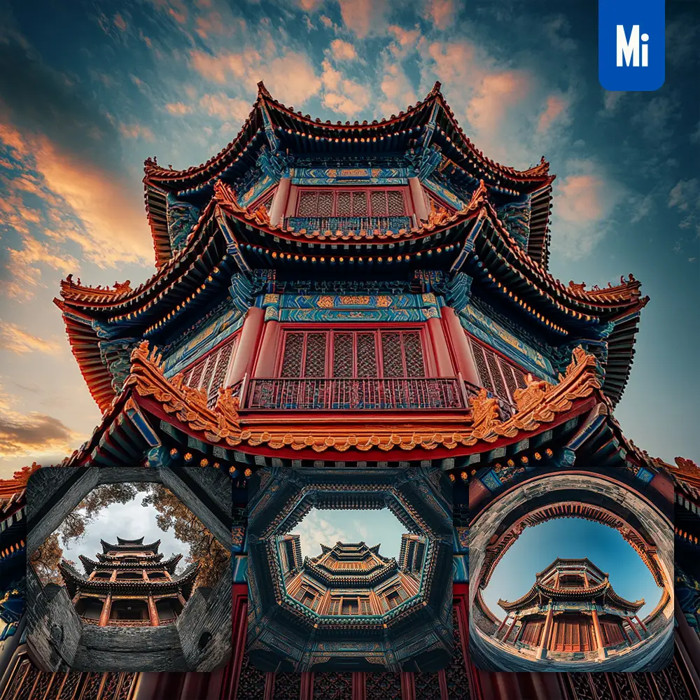 midjourney prompt Chinese ancient architectural tower low-angle photography