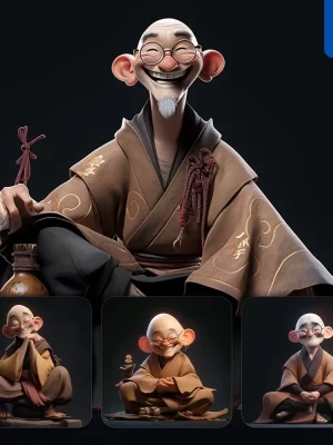 Midjourney Prompt Chinese Old Man Monk Cute 3d Cartoon Ip Character C4d Animation