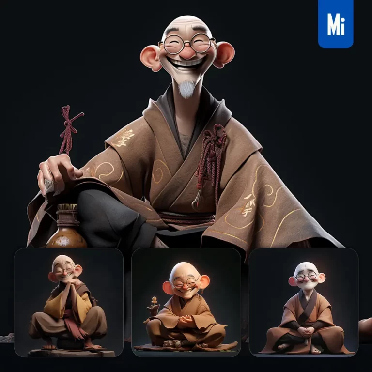midjourney prompt Chinese old man monk cute 3D cartoon IP character C4D animation
