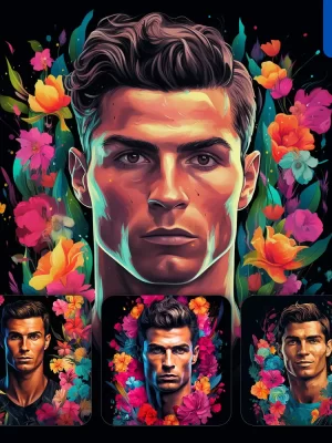 Midjourney Prompt Cristiano Ronaldo Front Head Face Flowers Artist Colorful Painting Illustration Tattoo Pattern