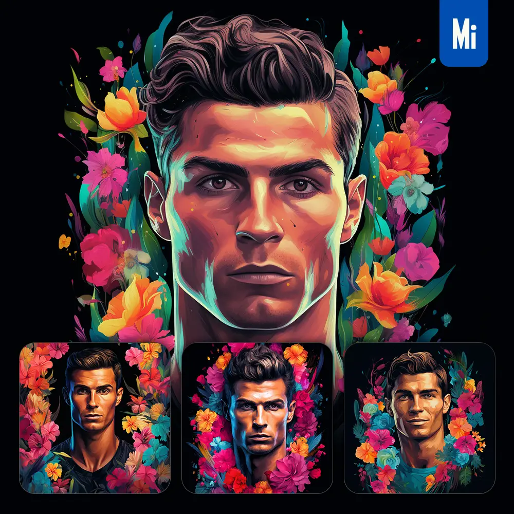 Midjourney Prompt Cristiano Ronaldo Front Head Face Flowers Artist Colorful Painting Illustration Tattoo Pattern