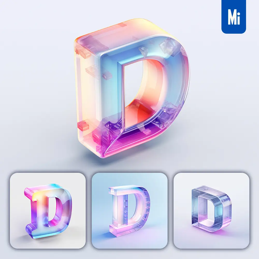 midjourney prompt D 3D letter glass C4D transparent crystal