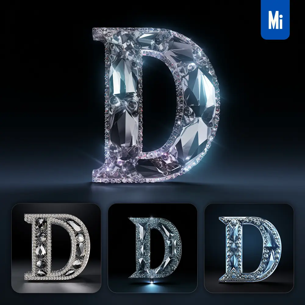 midjourney prompt D letter glass crystal 3D transparent