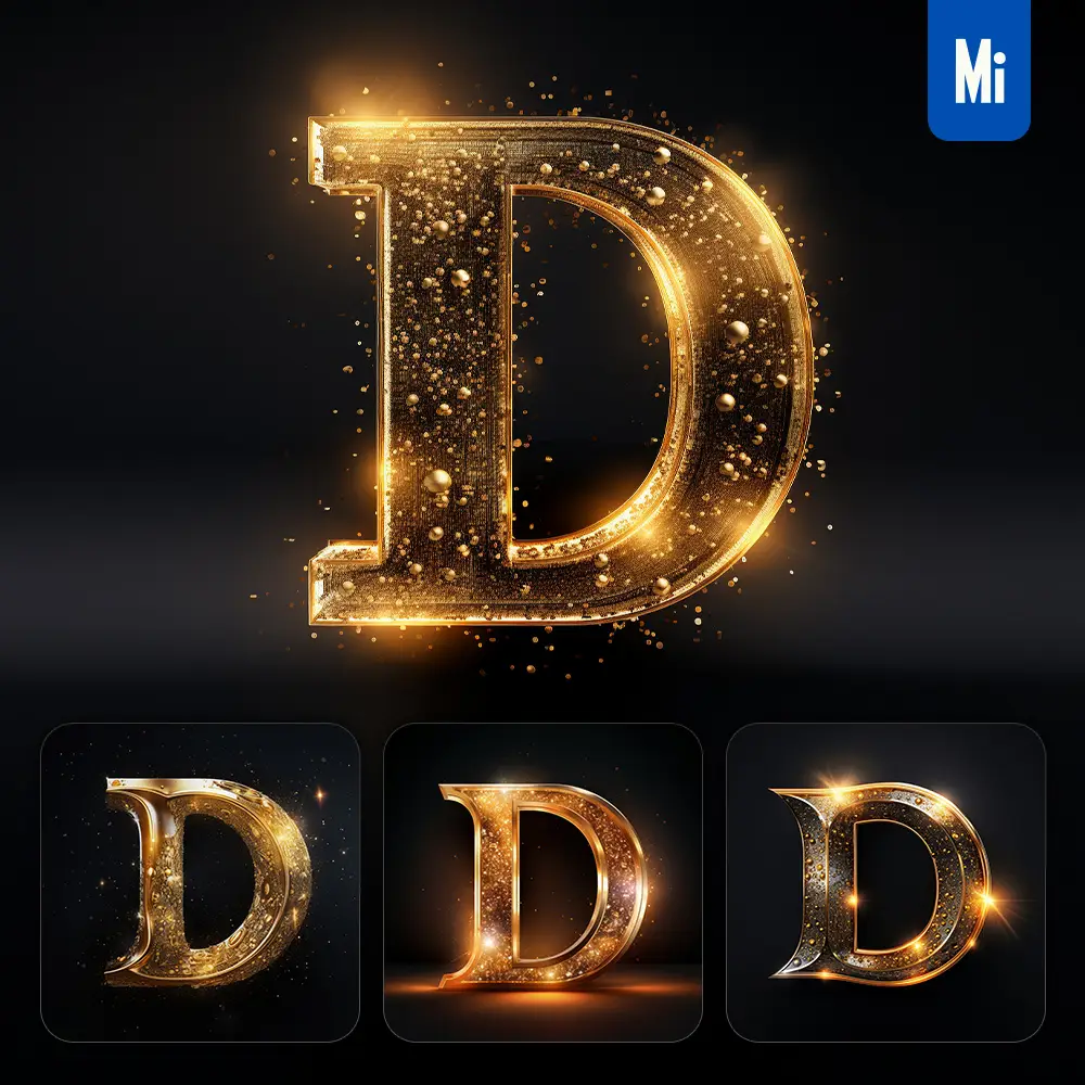 Midjourney Prompt D Letter Golden Sparkling Lighting Material 3d