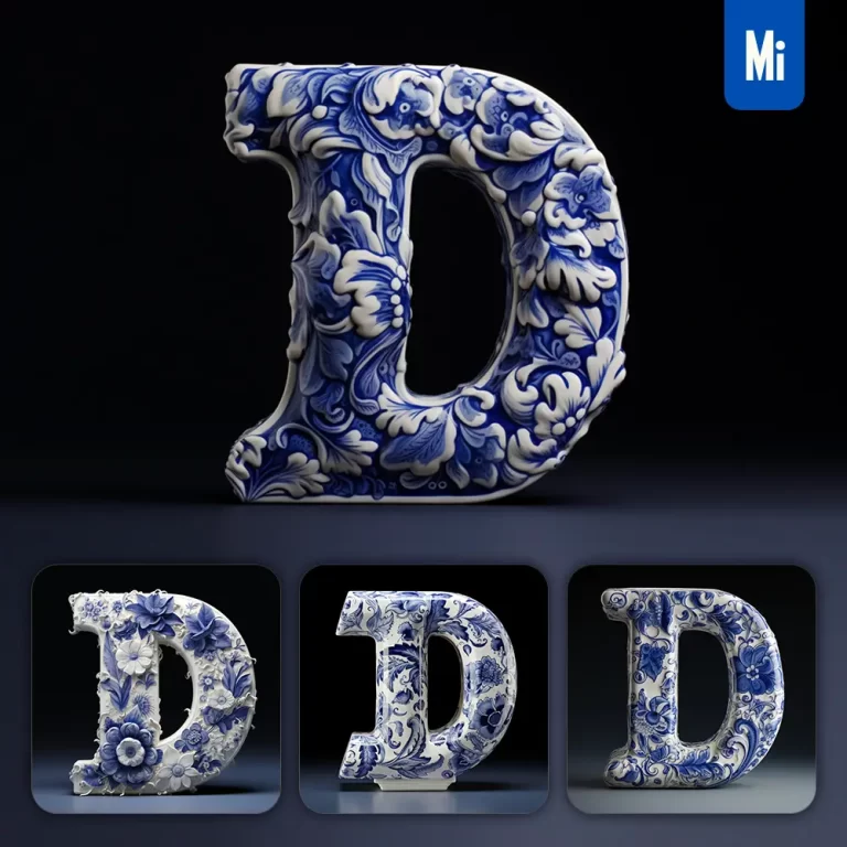 midjourney prompt D letter porcelain blue Chinese China pattern 3D