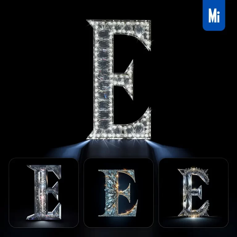 midjourney prompt E letter glass crystal 3D transparent