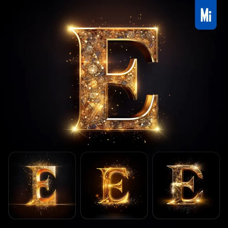 midjourney prompt E letter golden sparkling lighting material 3D