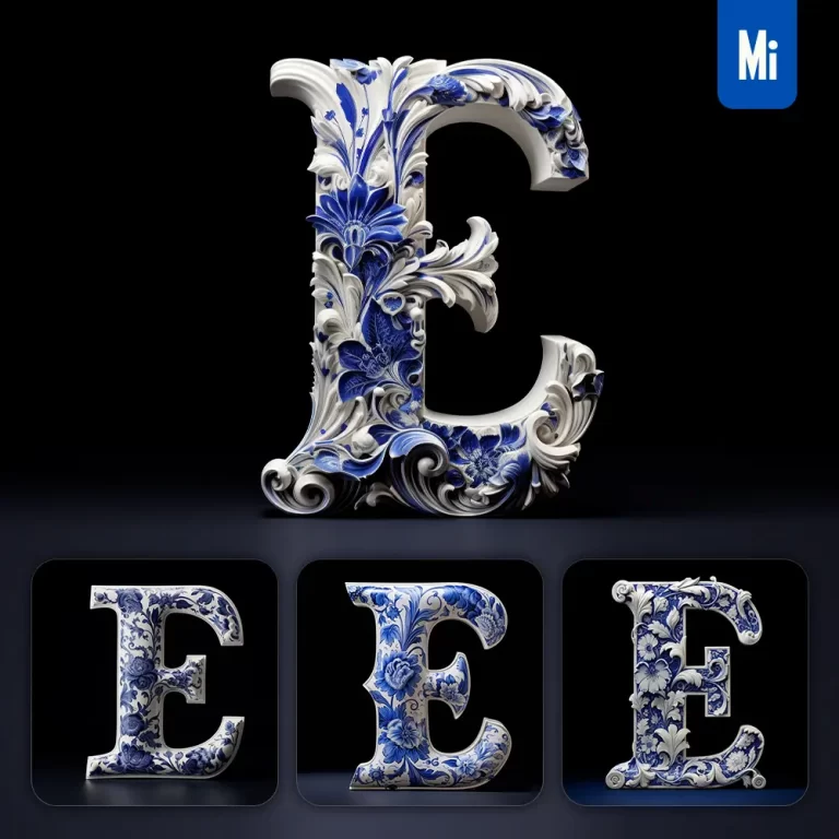 midjourney prompt E letter porcelain blue Chinese China pattern 3D