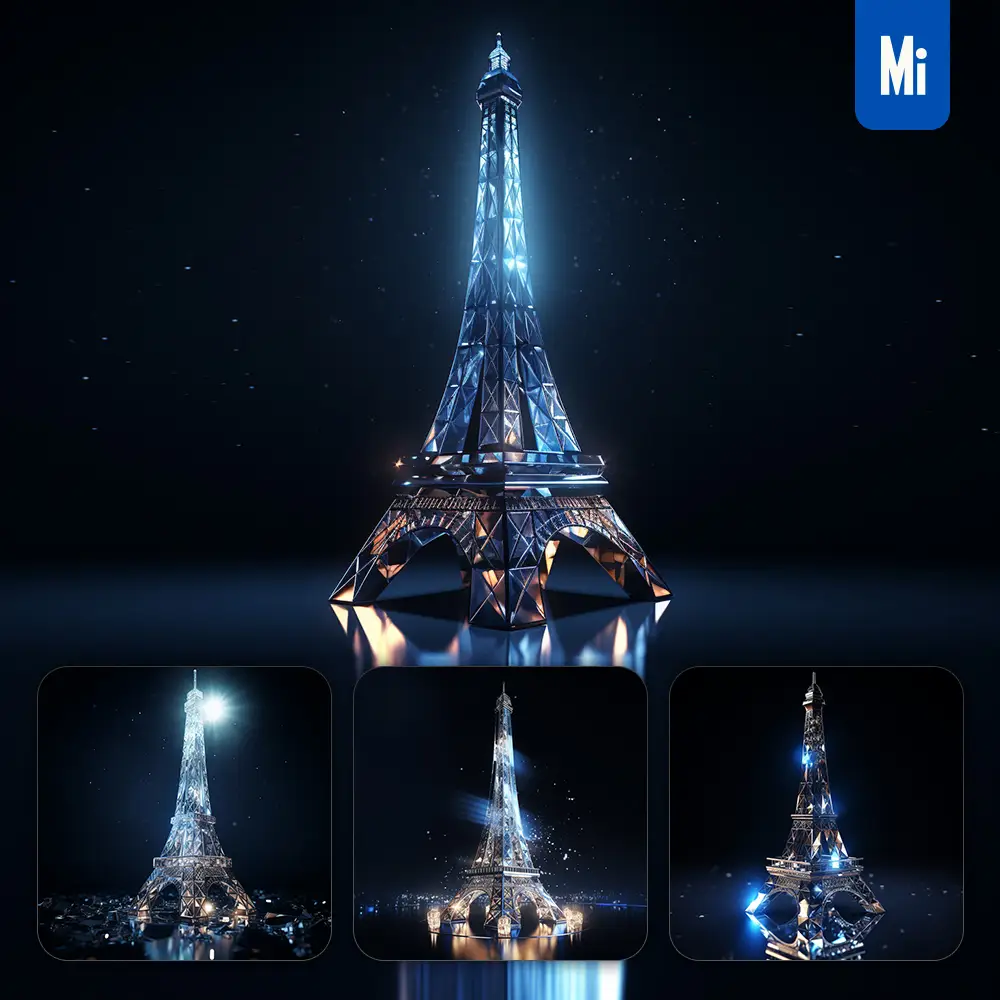 midjourney prompt Eiffel Tower glass crystal 3D transparent