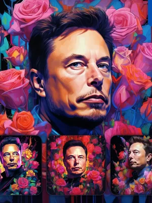Midjourney Prompt Elon Musk Front Head Face Flowers Artist Colorful Painting Illustration Tattoo Pattern