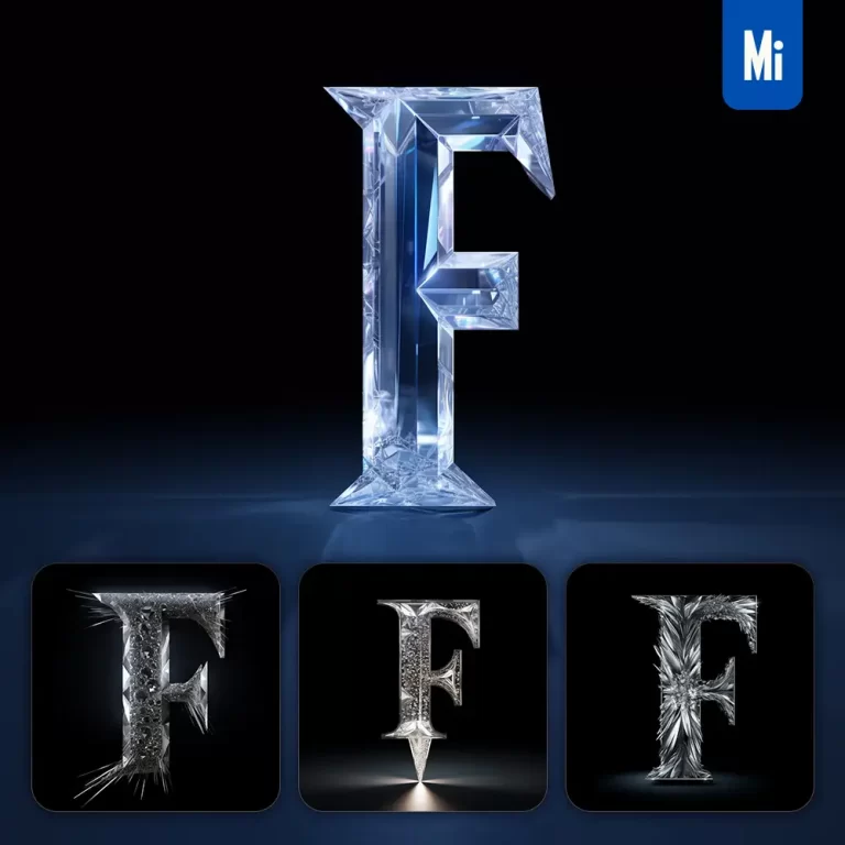 midjourney prompt F letter glass crystal 3D transparent