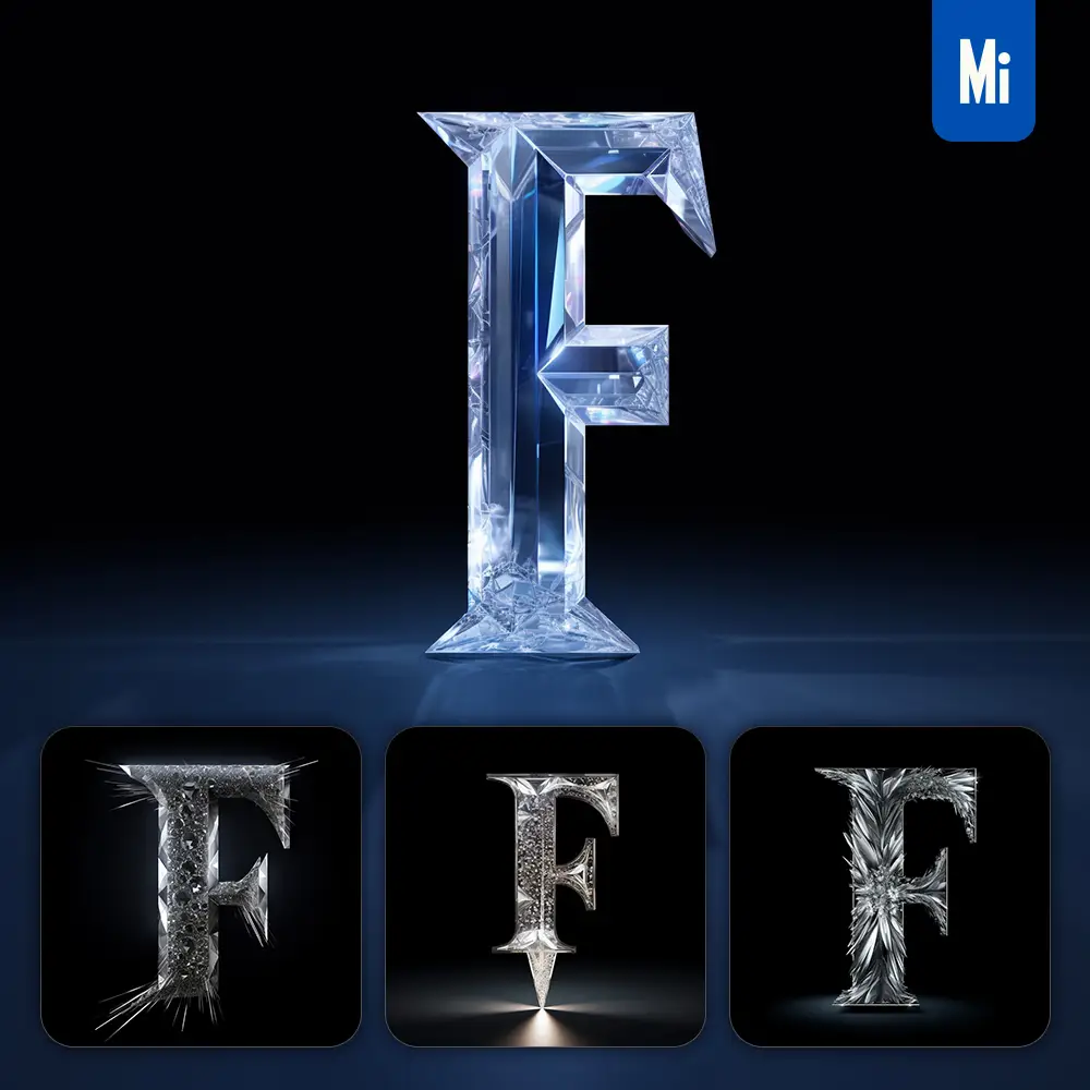 midjourney prompt F letter glass crystal 3D transparent