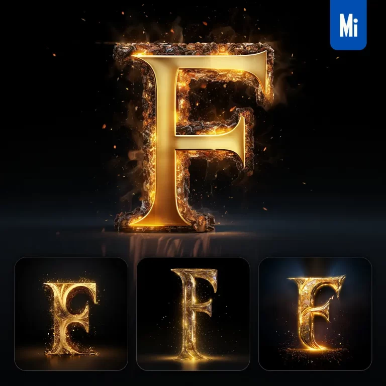 midjourney prompt F letter golden sparkling lighting material 3D