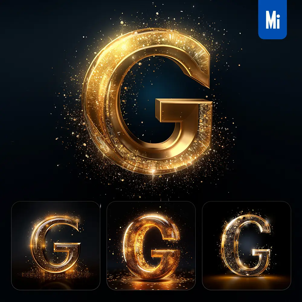 midjourney prompt G letter golden sparkling lighting material 3D