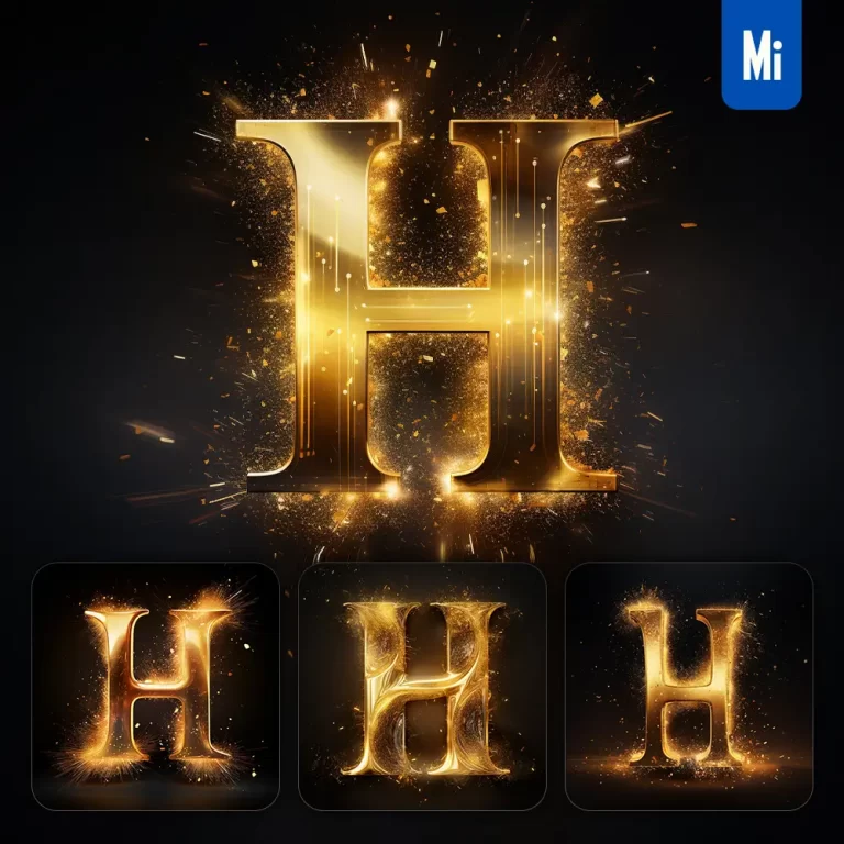 midjourney prompt H letter golden sparkling lighting material 3D