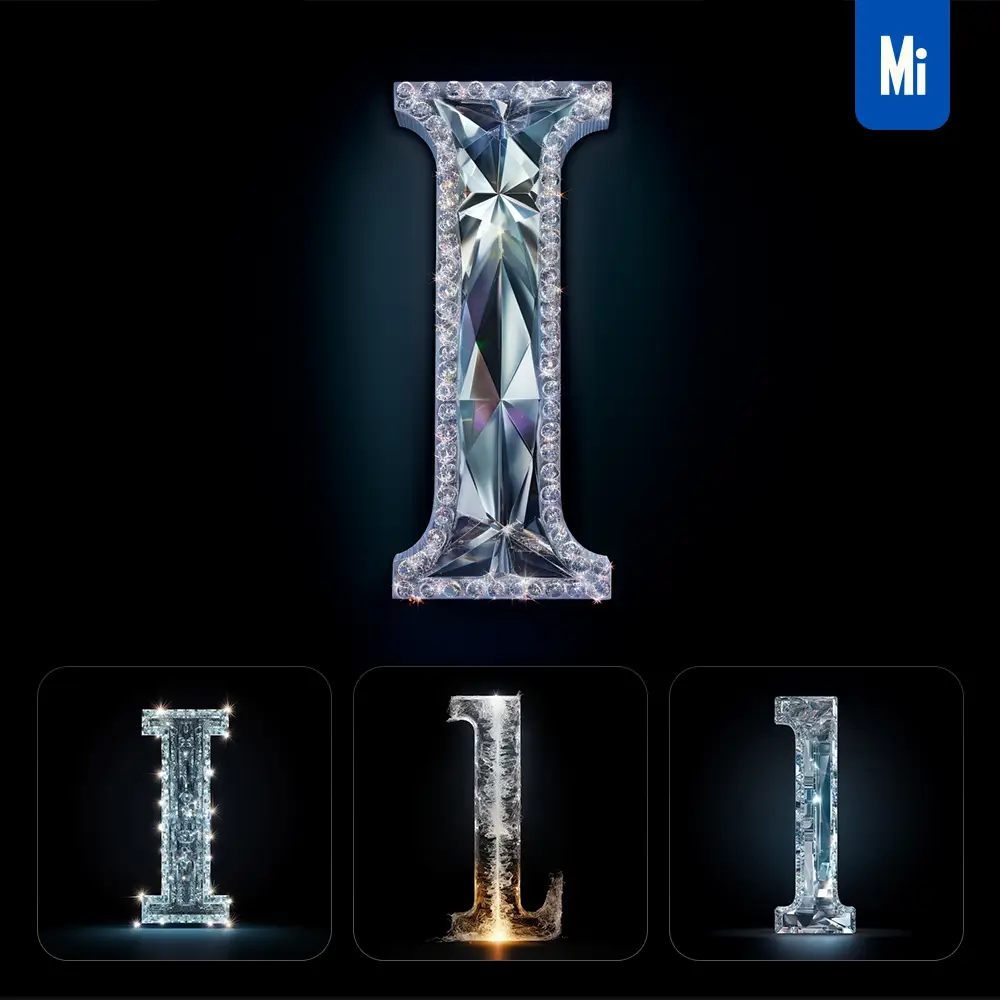 midjourney prompt I letter glass crystal 3D transparent
