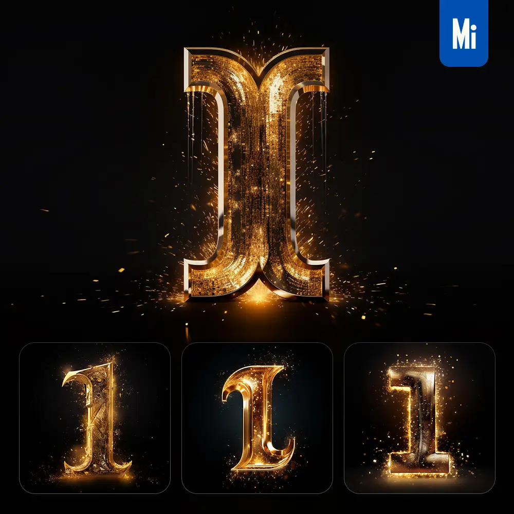 Midjourney Prompt I Letter Golden Sparkling Lighting Material 3d