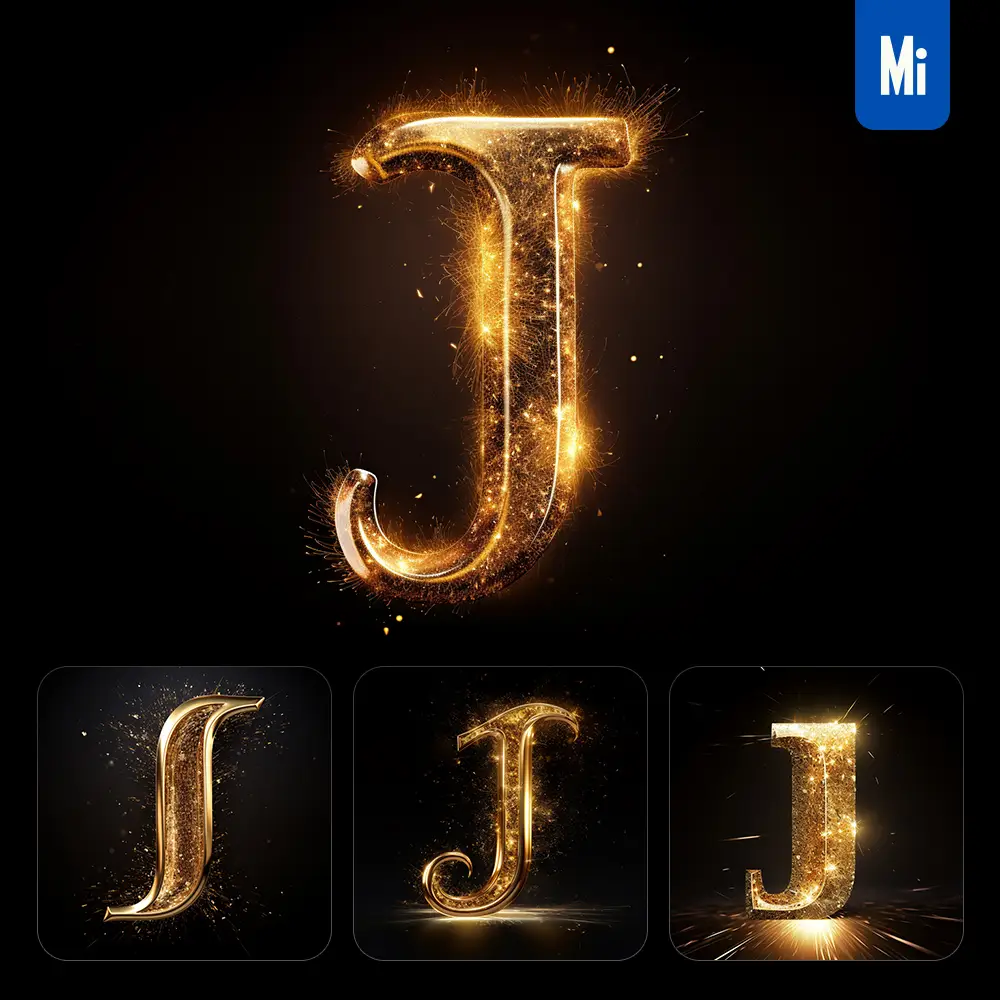 midjourney prompt J letter golden sparkling lighting material 3D