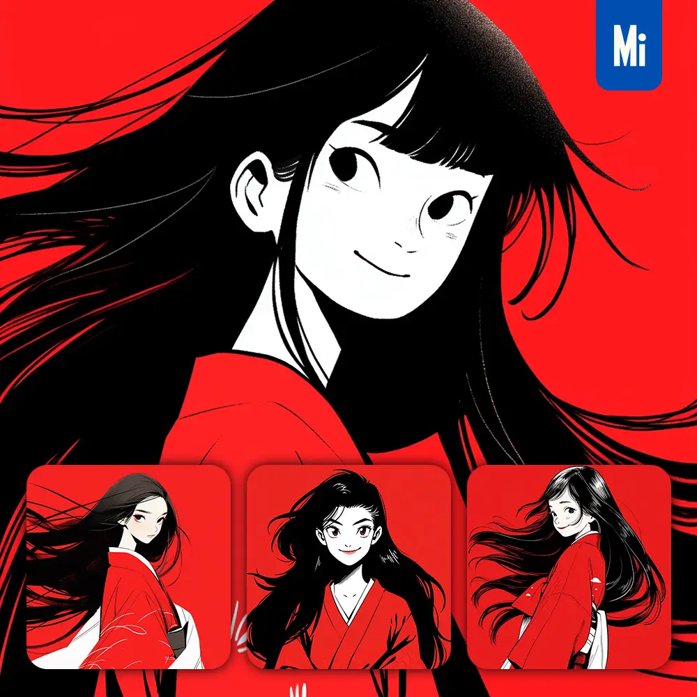 Midjourney Prompt Japanese Girl Kimono Red Lady Woman Animation Character Portrait Cartoon Illustration