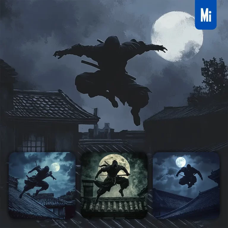 midjourney prompt Japanese ninja garb moon night moonlight sky rooftop