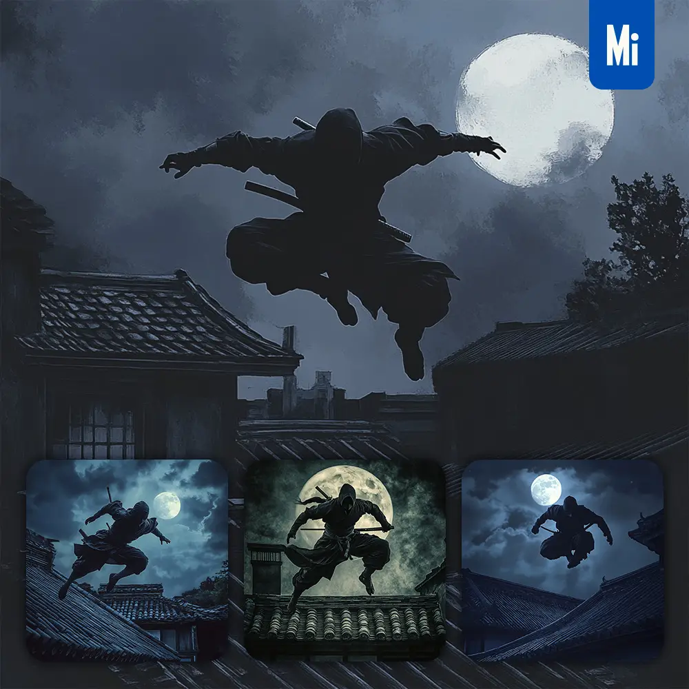 Midjourney Prompt Japanese Ninja Garb Moon Night Moonlight Sky Rooftop