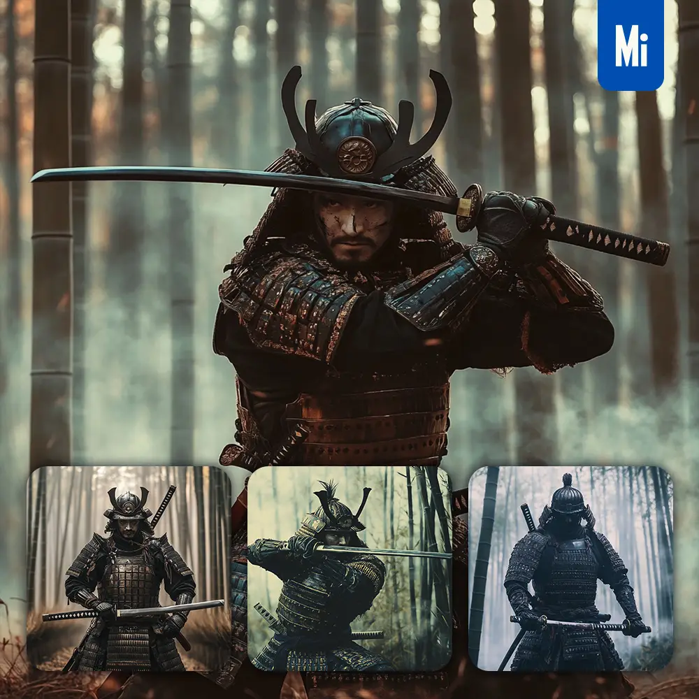midjourney prompt Japanese samurai front bamboo forest battle katana armor pose