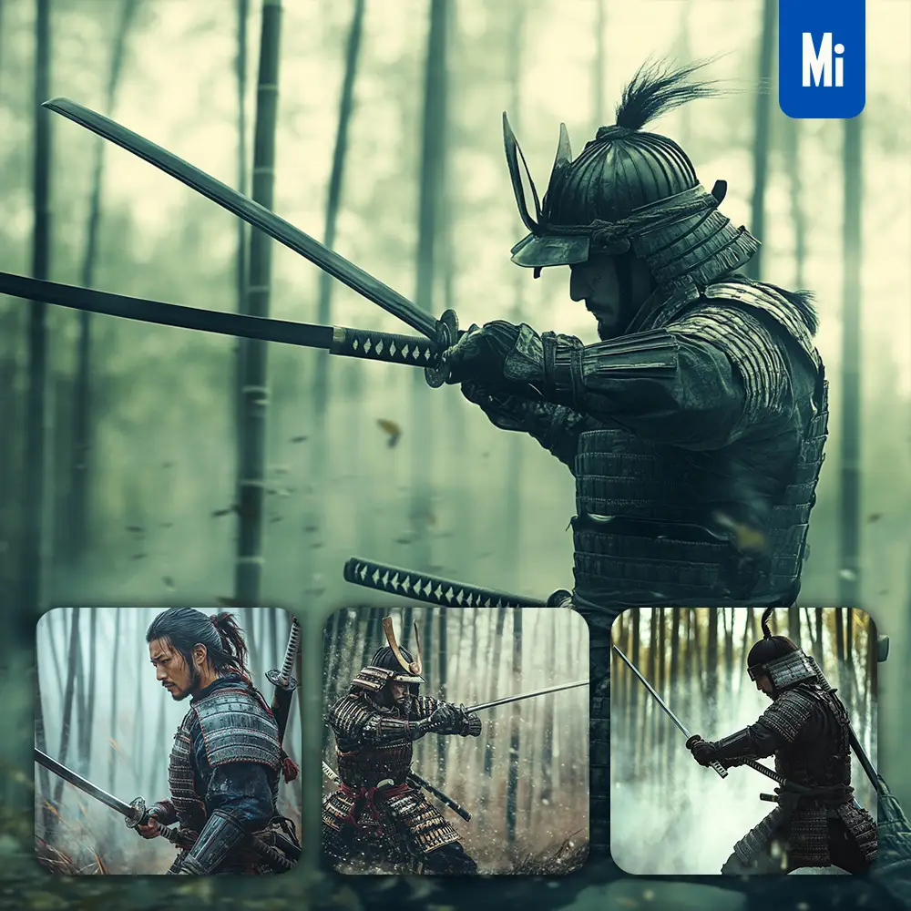 midjourney prompt Japanese samurai side bamboo forest battle katana armor pose